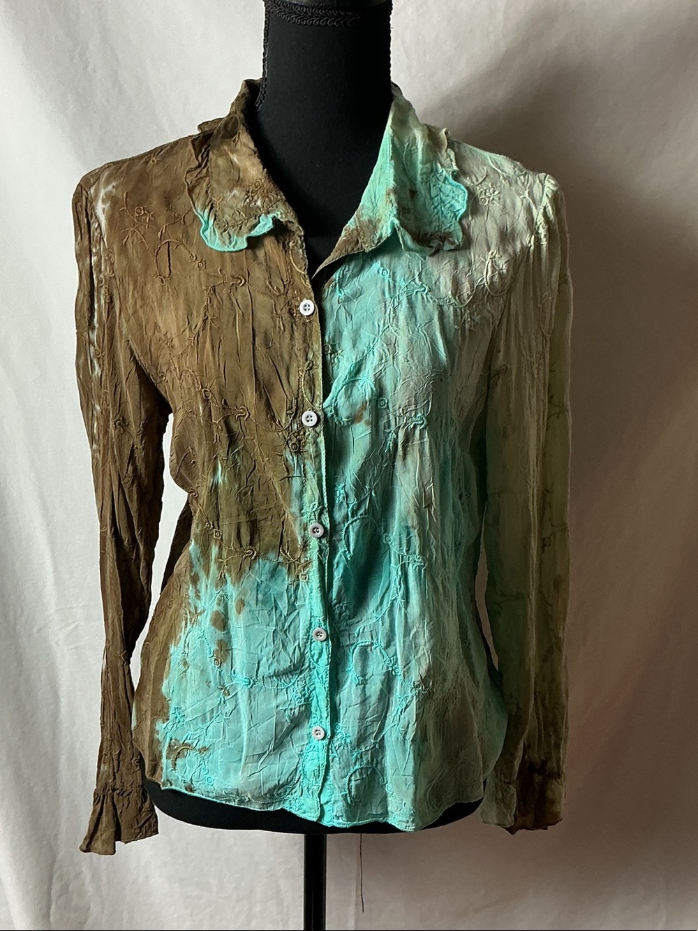 Johnny Was Brown and Aqua Crinkle Button-Down Shirt